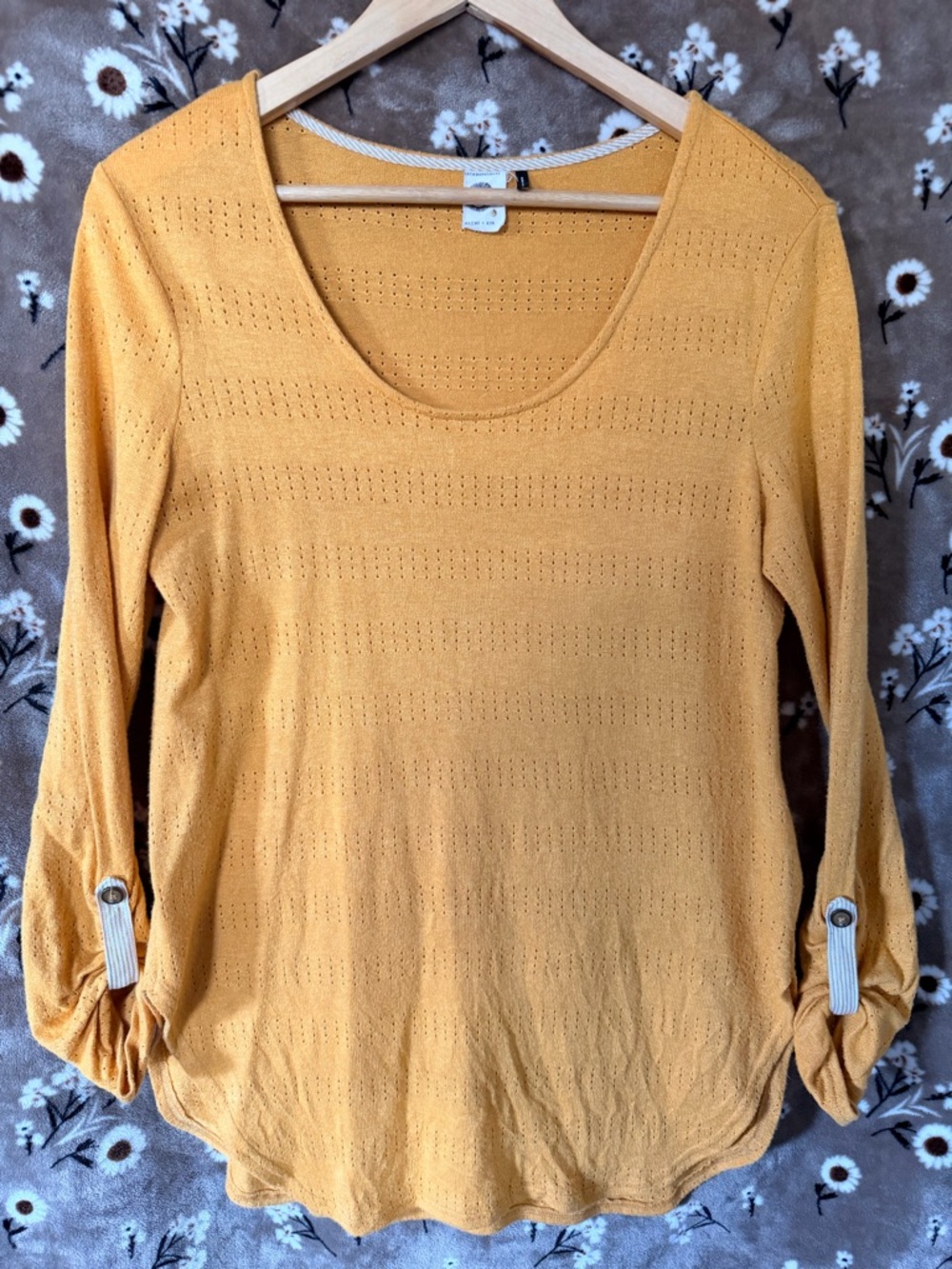 Women's Mustard Scoop Neck Long Sleeve Knit Top with Button Roll-Tab